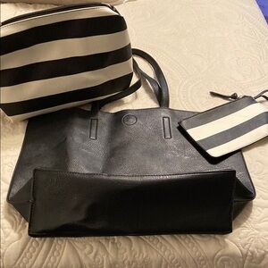 Black Tote Bag with Striped Accessories